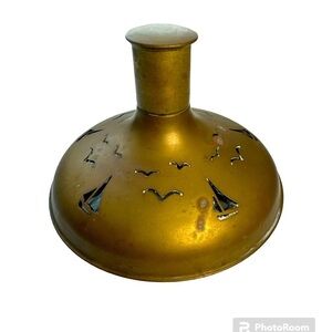 Nautical Ship Decanter Cut Brass Sail Boat and Sea Gulls Encased On Glass Vase